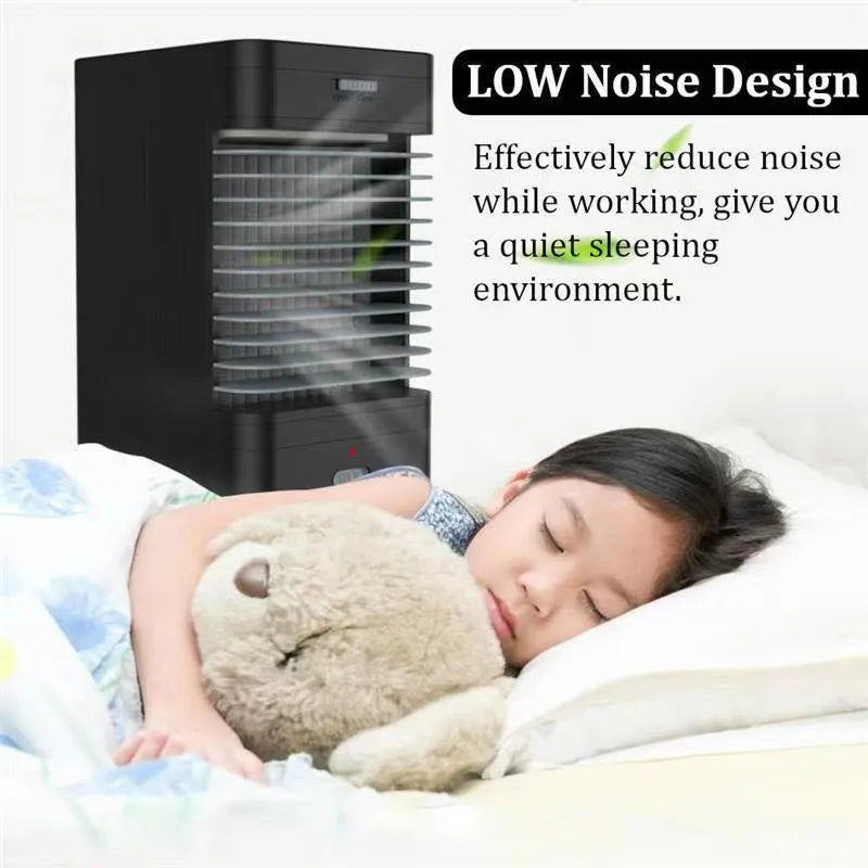 Black portable vertical USB evaporative air cooler measuring 16 by 13.5 by 28.5 cm on a desk