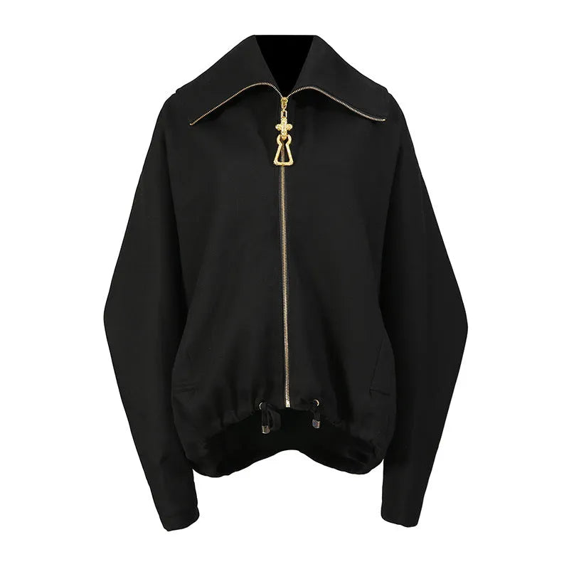 Women's heavy embroidery patchwork loose drawstring jacket in black cotton polyester blend street trendsetter style