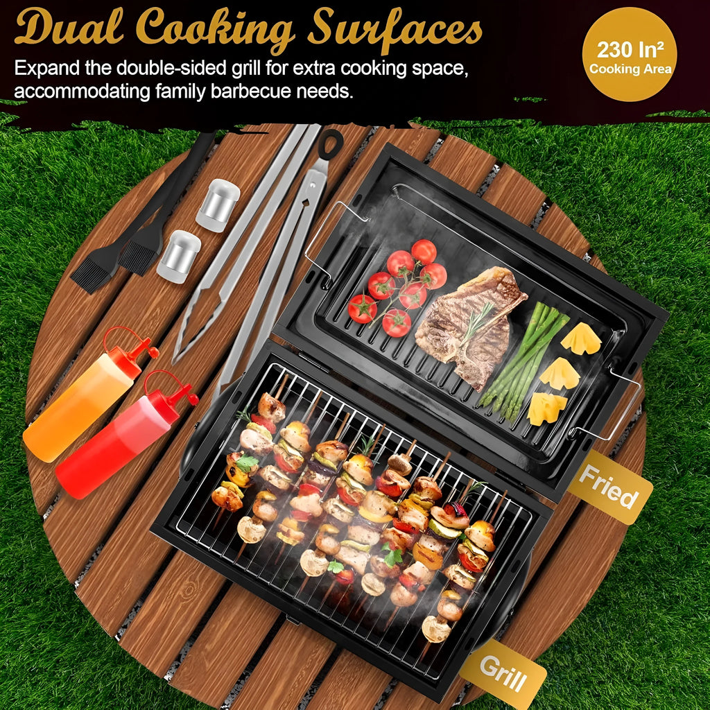 Small folding desktop charcoal barbecue stove with grill for outdoor cooking