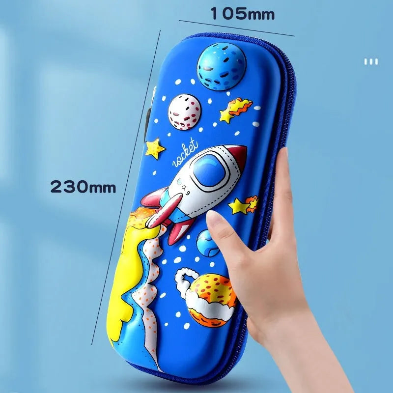 3D leather pencil case with zipper closure showing character design options including astronauts, unicorns, and mermaids
