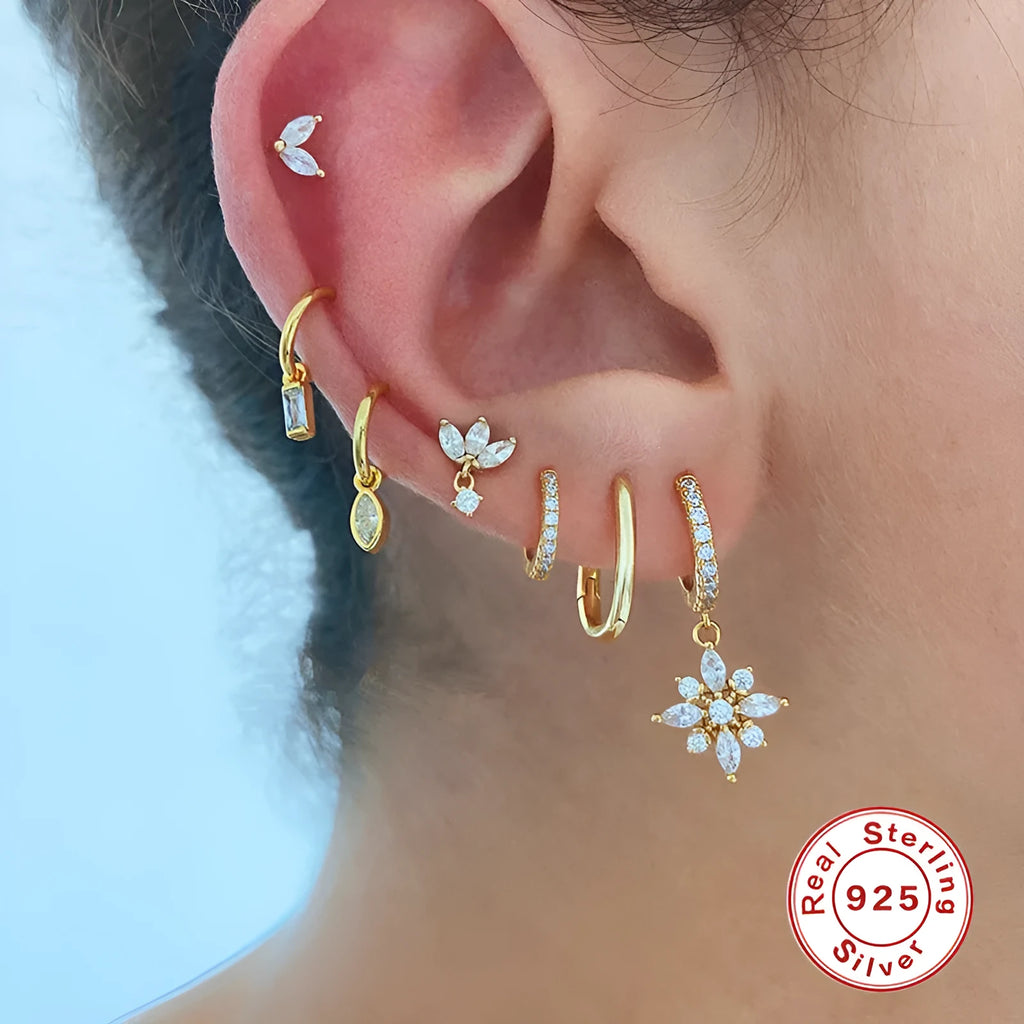 S925 sterling silver snowflake pendant earrings in geometric design with gemstone inlay