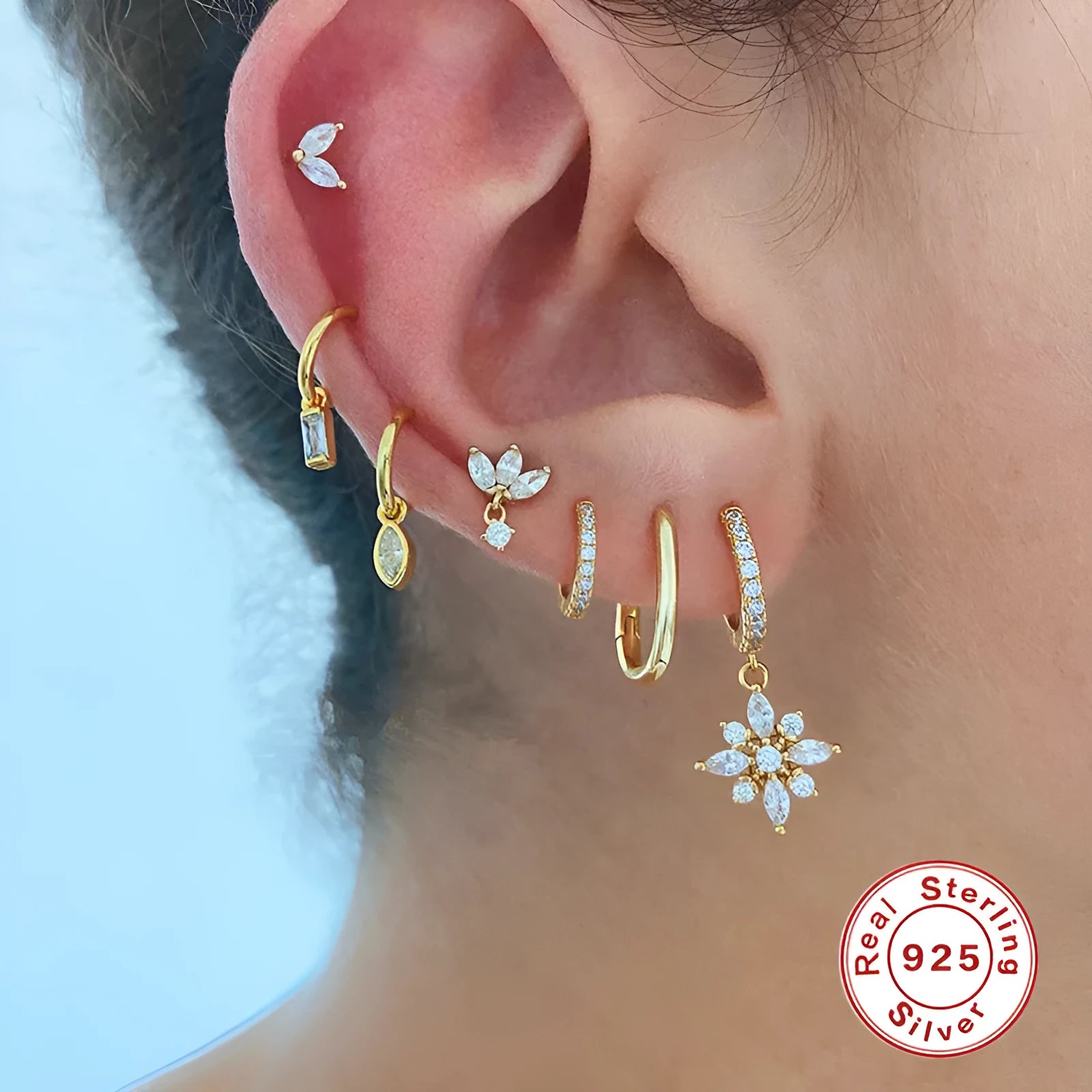 S925 sterling silver snowflake pendant earrings in geometric design with gemstone inlay