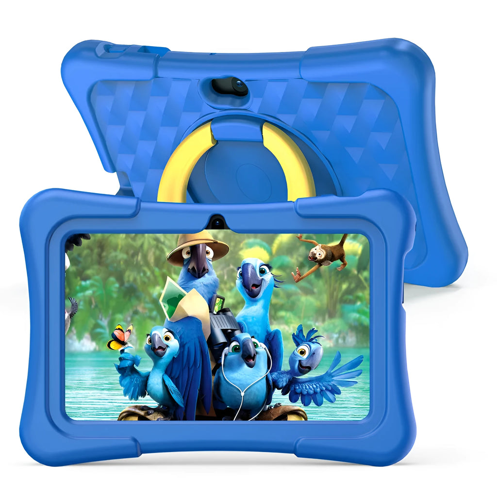 7-inch children's educational tablet with silicone protective cover showing pink and blue colour options