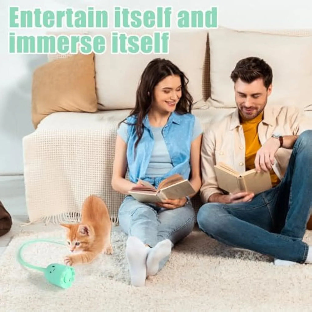 Green electronic cat wand toy with wiggling silicone tail for indoor cat play