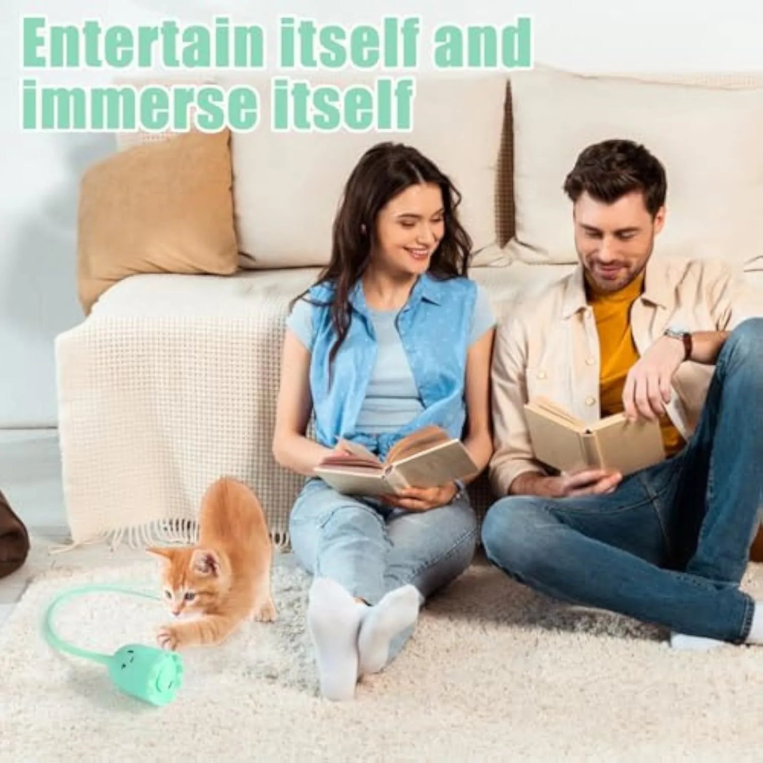 Green electronic cat wand toy with wiggling silicone tail for indoor cat play