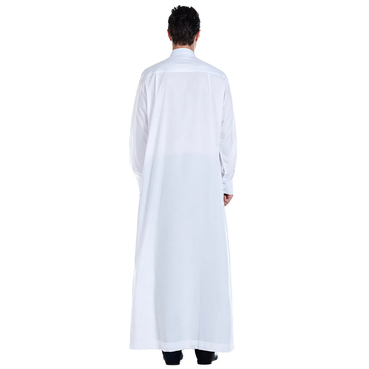 Traditional Arab Middle Eastern men's robe in white polyester, woven fabric, with full-length design