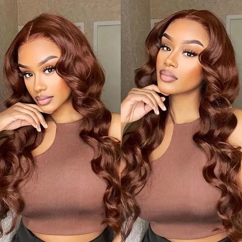 Dark brown long curly front lace synthetic wig with side bangs on a mannequin head.