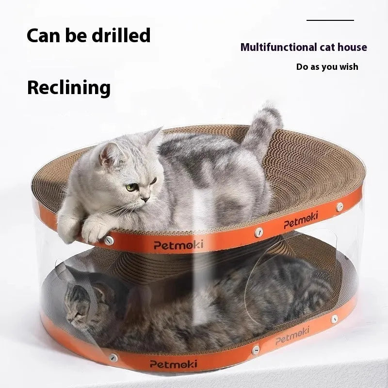Transparent diamond-patterned cat scratch board and nest tunnel toy measuring 58x45x23cm