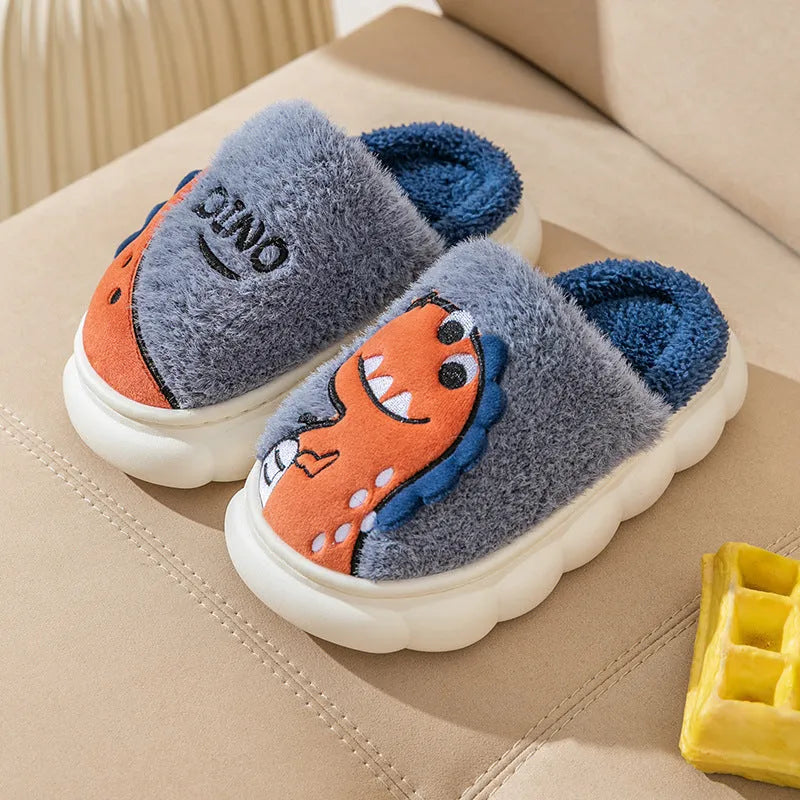 Cotton plush dinosaur pattern couple slippers in grey, coffee, and orange yellow colours