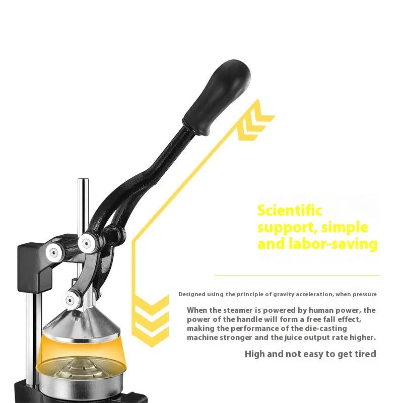 Black cast iron manual citrus juicer with stainless steel strainer and aluminium pressing gland