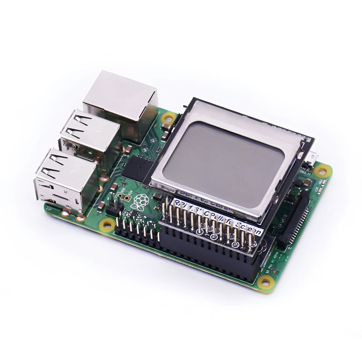 Raspberry Pi 1.6 inch LCD display module showing system information on its screen.