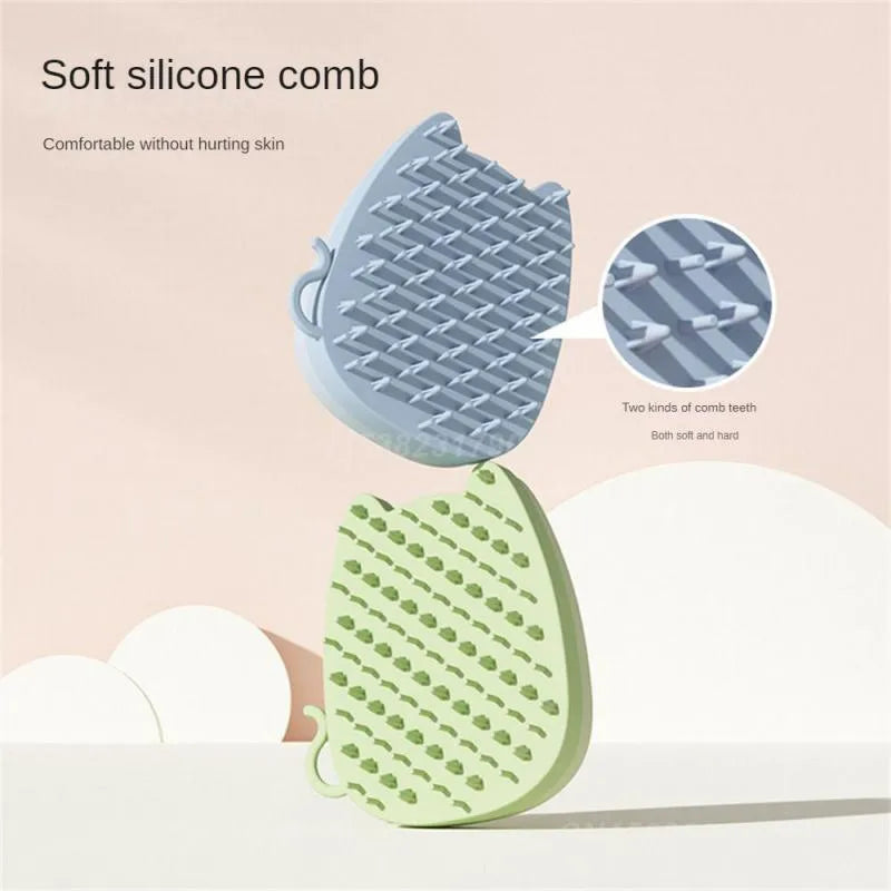 Blue silicone pet grooming comb with dual bristle types on a white background.