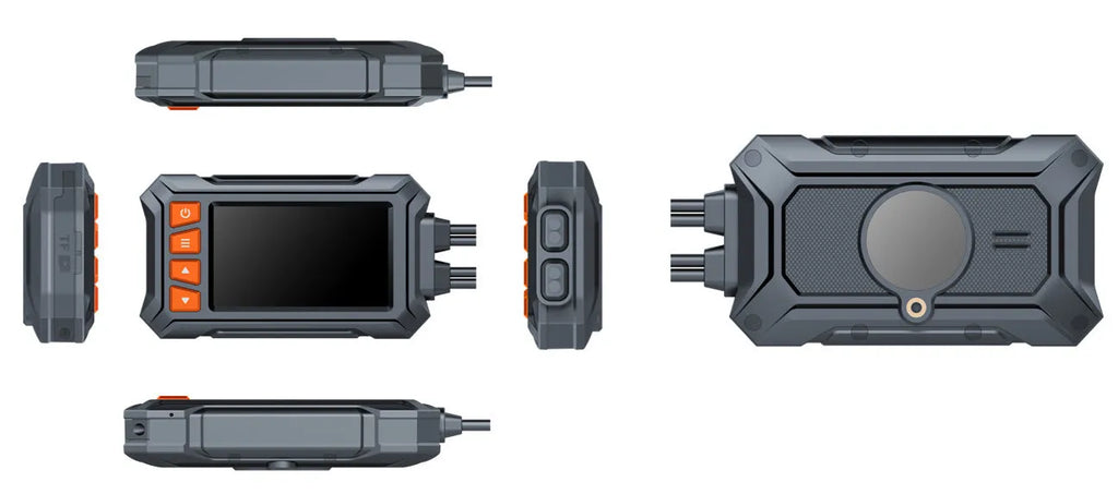 3-inch motorcycle dash camera with dual lenses, GPS module, and cables on a motorcycle handlebar