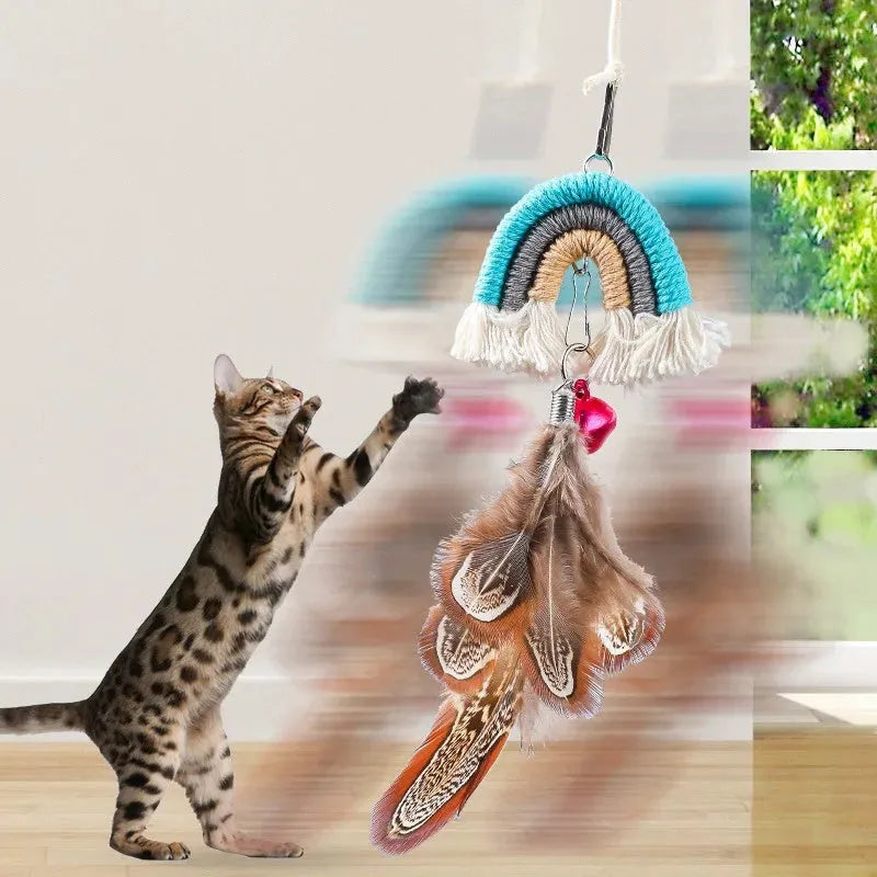 Blue feather cat rope door swing toy with elastic cord and sticky buckle clamp attached to door