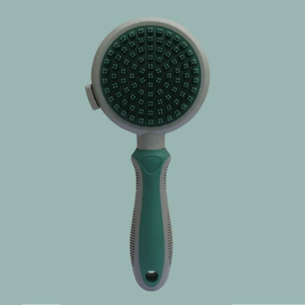Double sided pink cat brush with release button and flea comb for grooming