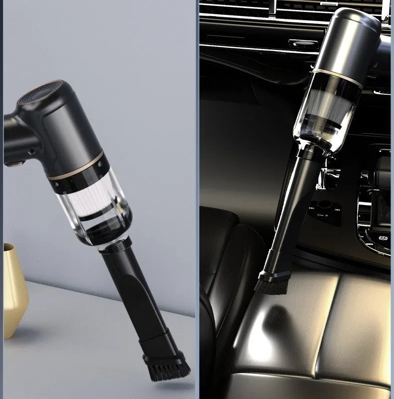 Black cordless handheld car vacuum cleaner with attachments including brush head and inflation nozzles.