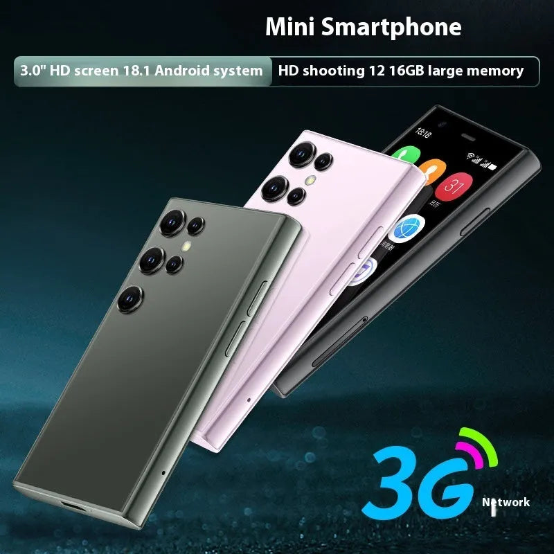 S23PRO XS15 mini smartphone in black, green and pink purple colours, showing straight plate design.