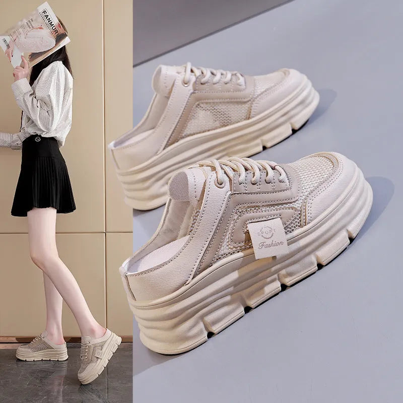 Women's mesh panel half slippers with round toe and height-increasing insole in black, khaki, and white colours