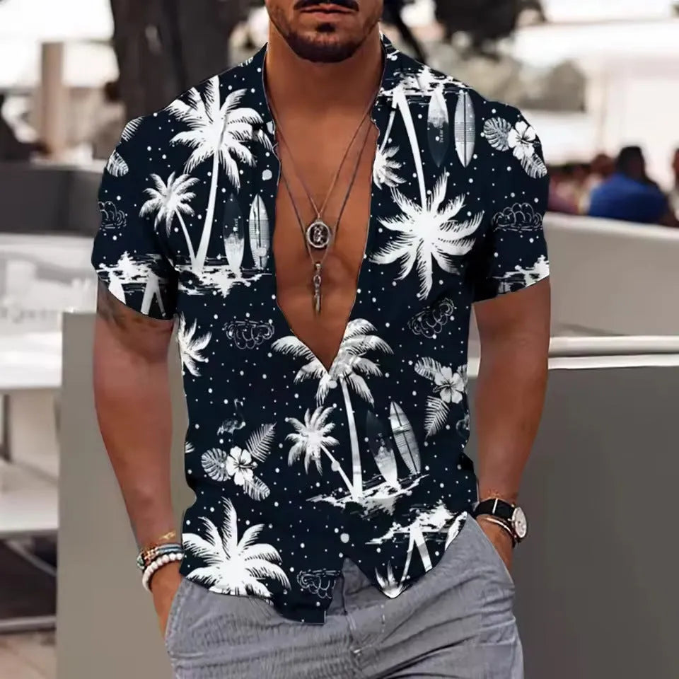 Men's loose floral print beach shirt in cardigan style with short sleeves on polyester fabric
