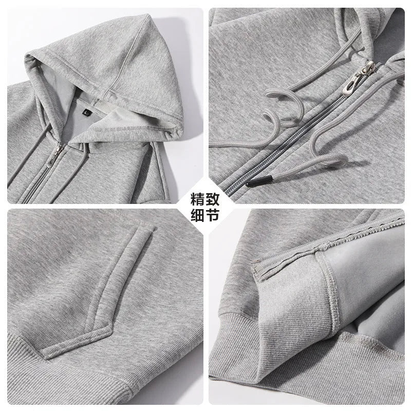Man wearing a beige plus-size heavyweight hooded zip-up cardigan with top-stitched pockets.