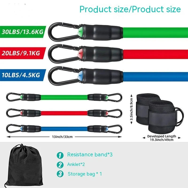 Three TPE resistance bands in different colours with foot loops and storage bag for hip and leg exercises