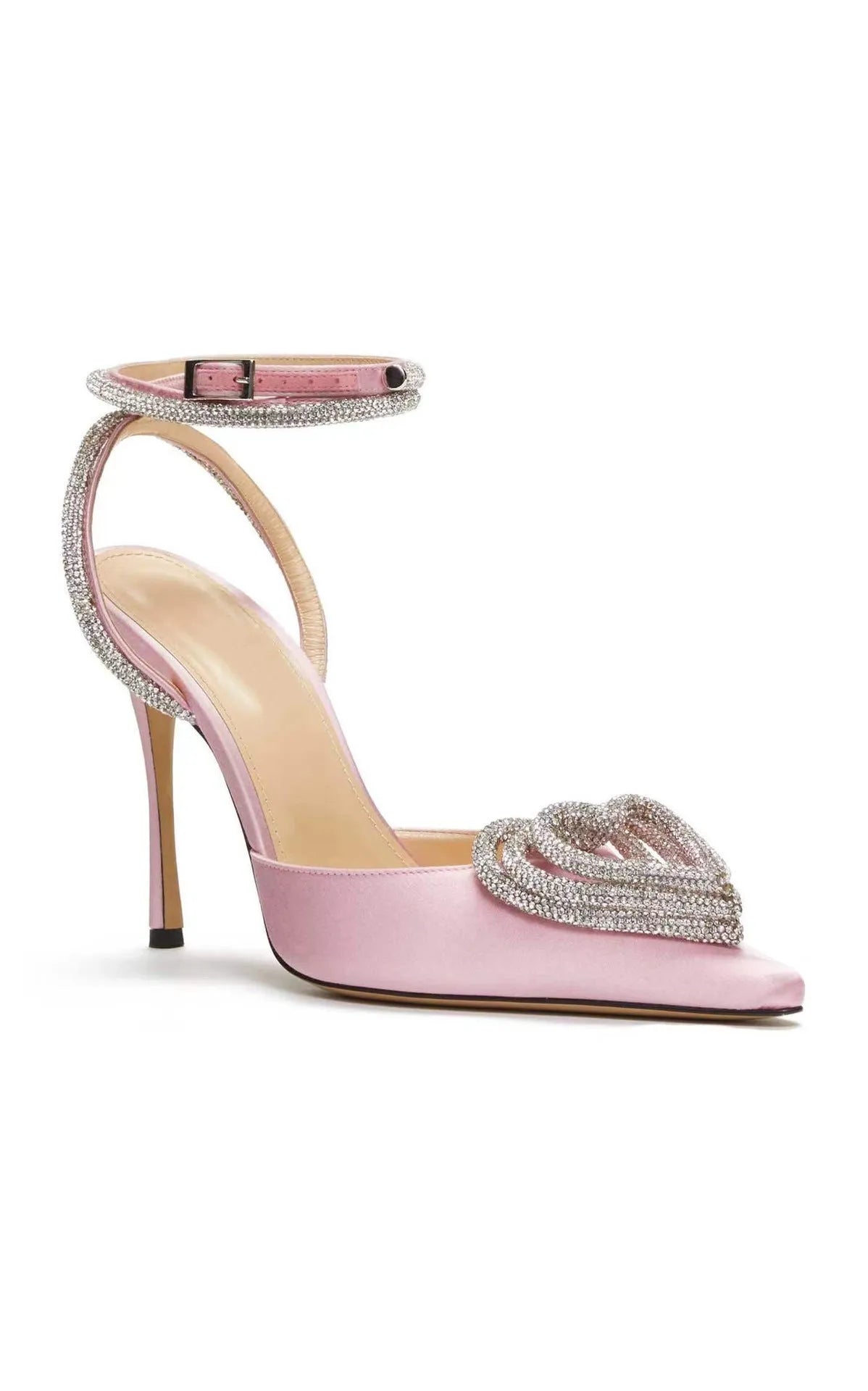 Women's pointed-toe sandals with heart-shaped rhinestone decoration on satin upper in pink, black or white