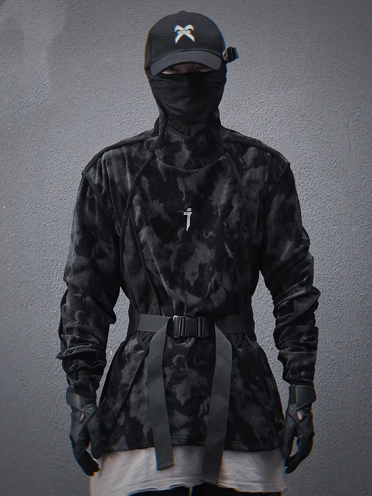 Men's black and grey tie-dye print turtleneck sweater with drop shoulders