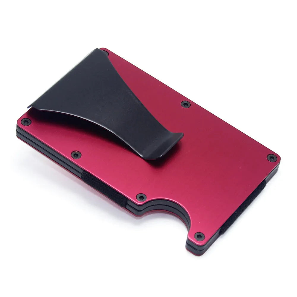 Slim geometry card holder wallet in carbon fibre or aluminium, holds six to fifteen cards, 8mm thick