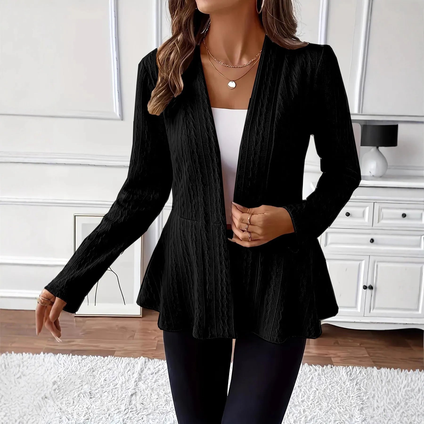 Women's apricot Jacquard knitted cardigan with single button front and regular long sleeves