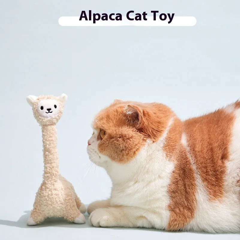 Plush alpaca cat teaser toy with sound feature, soft material, for interactive play