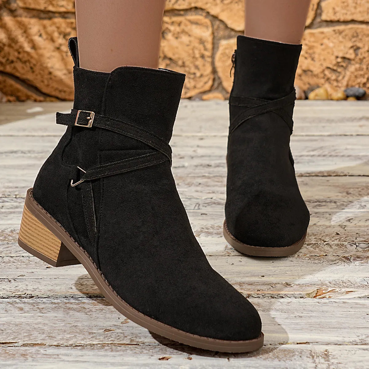 Women's suede mid-heel ankle boots with cross-strap, side zipper, square heel, round toe, black colour option.