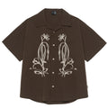 Brown coffee stripe outdoor shirt with Cuban collar and short sleeves.