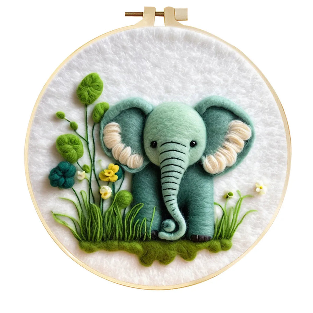 Round three-dimensional wool felt embroidery on linen with floral pattern in embroidery frame
