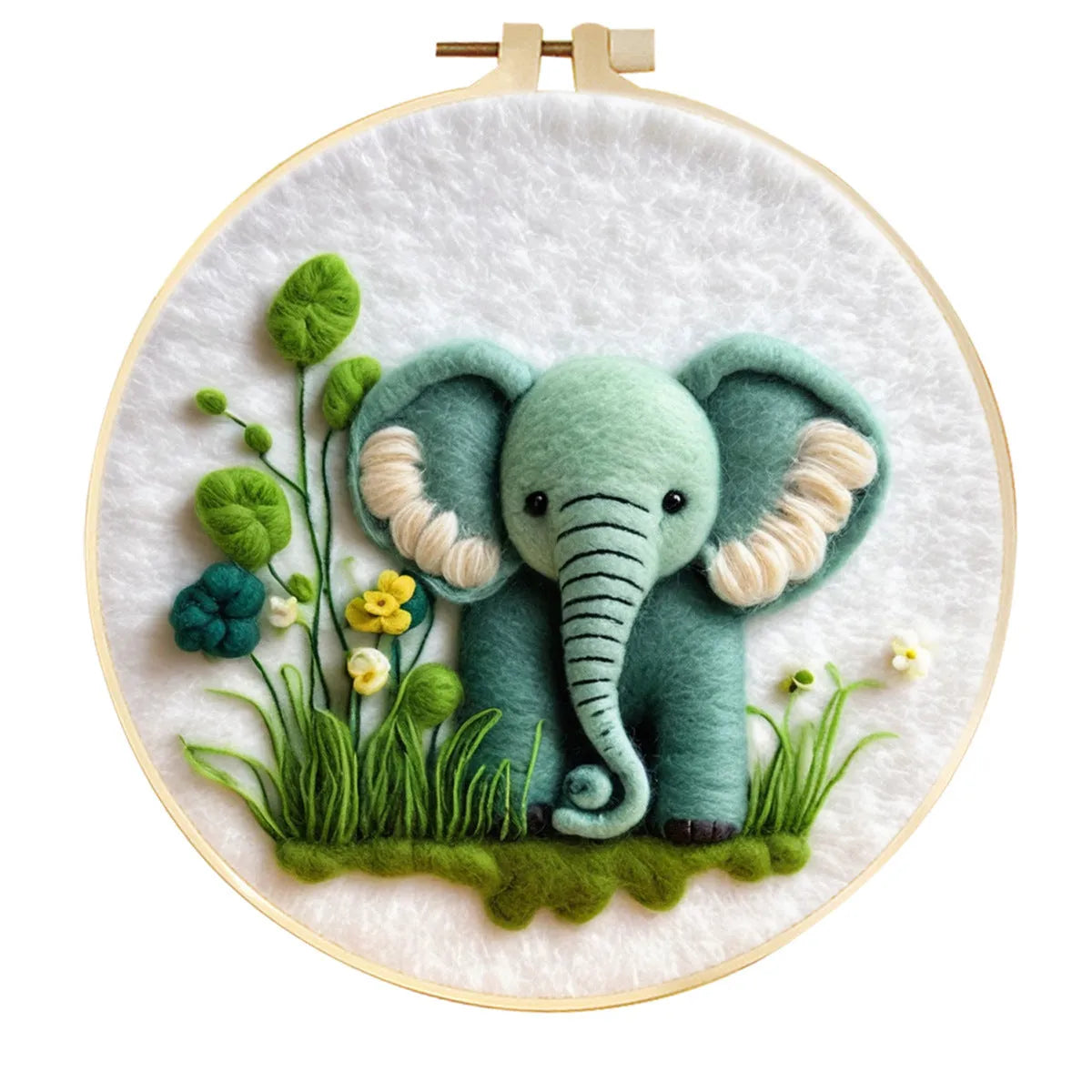 Round three-dimensional wool felt embroidery on linen with floral pattern in embroidery frame
