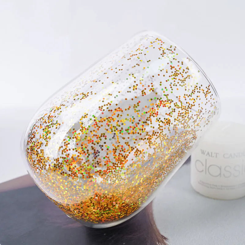 Christmas tree glass tumbler, 380ml double-layer borosilicate glass cup with flowing sequins, 8.6cm x 11.8cm