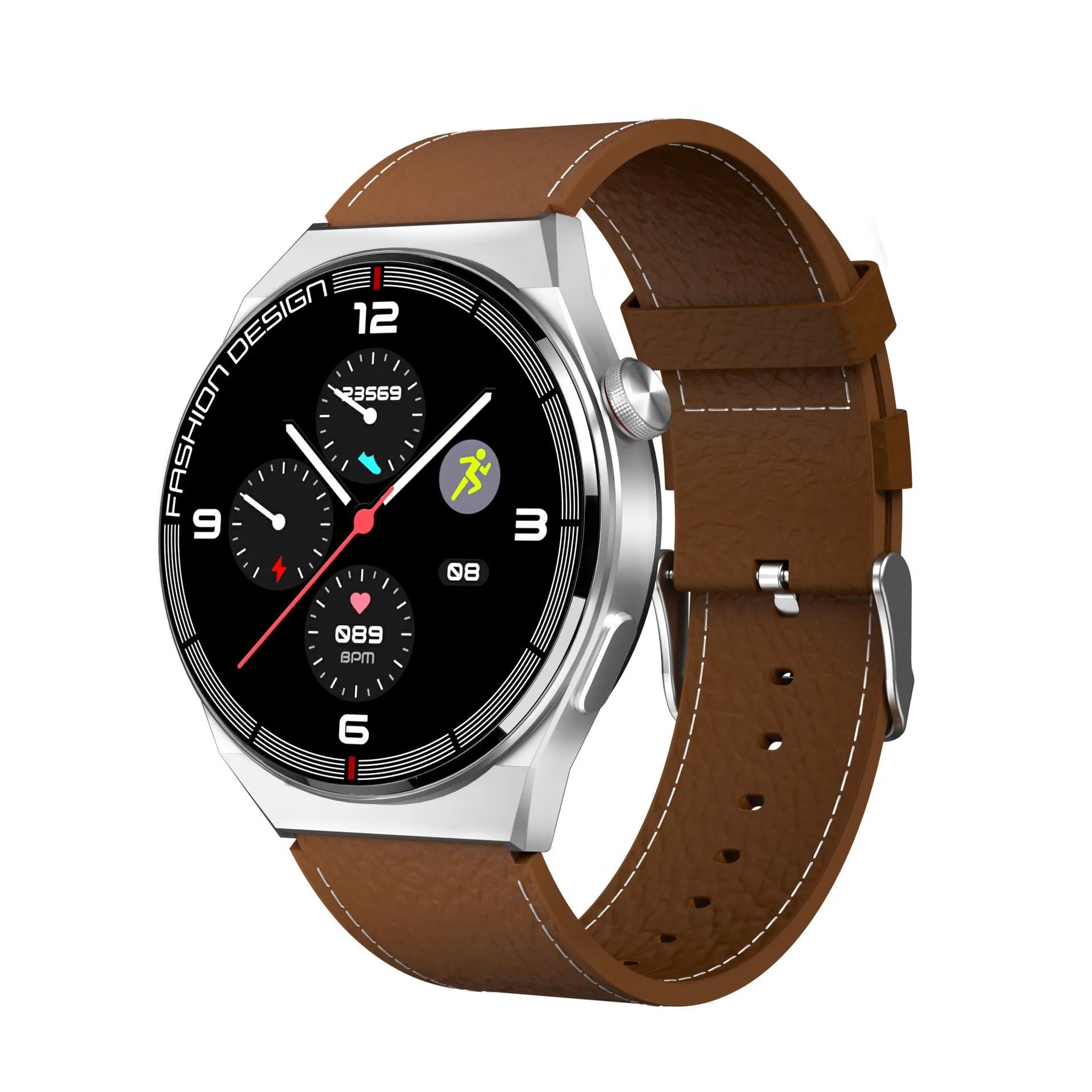 Black Bluetooth smartwatch with heart rate monitor on a silicone strap, showing its 1.28-inch touch screen.