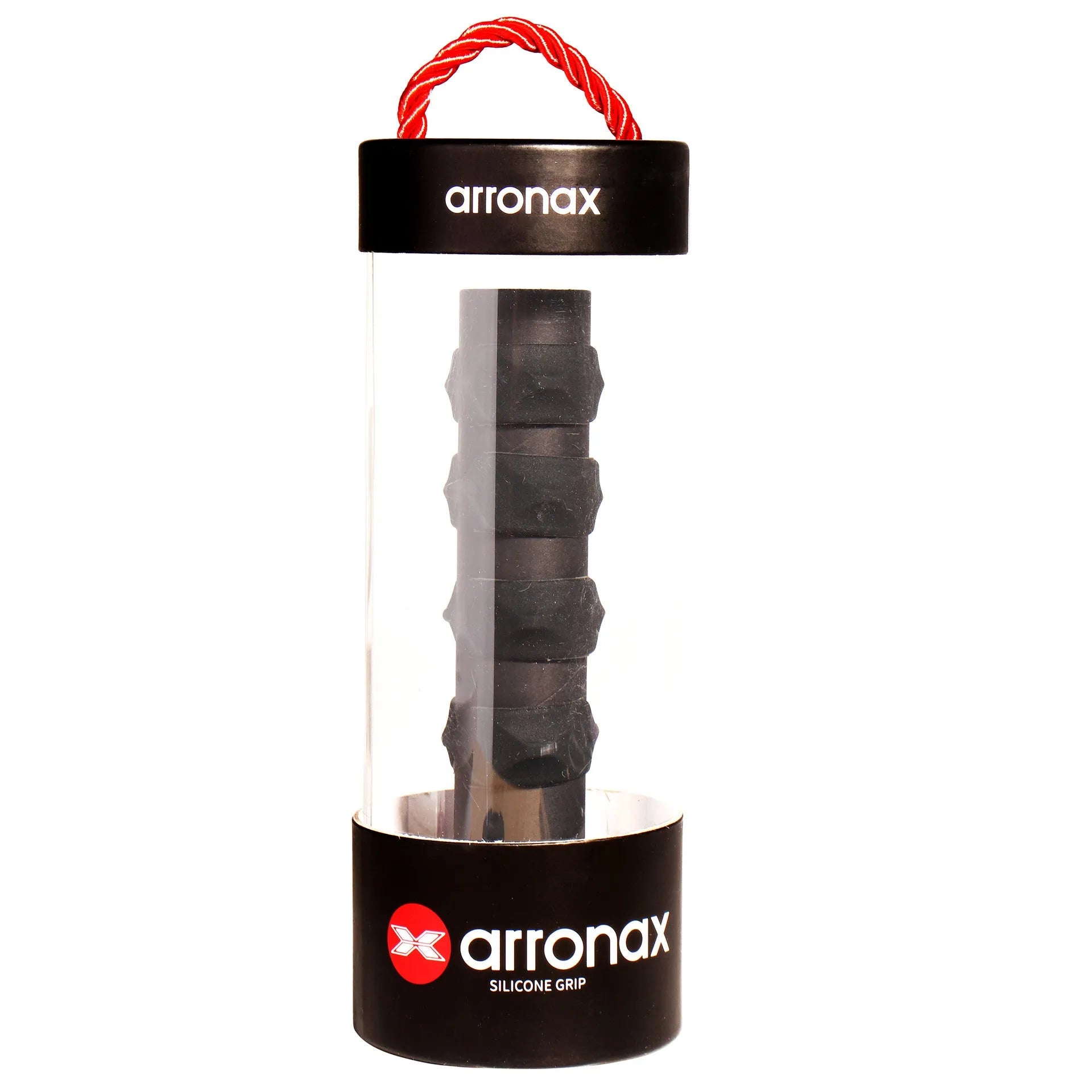 Silicone tennis racquet hand grip band in multiple colours on a black background.