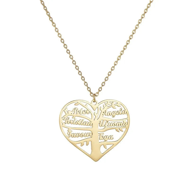Personalised stainless steel necklace with hollow heart and tree pendant, showing silver, gold, and rose gold colour options.