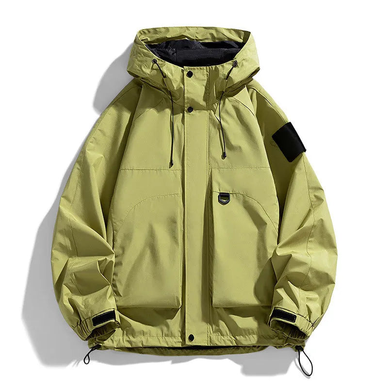 Men's black waterproof windproof hooded jacket with long sleeves on a size chart showing S to 8XL.