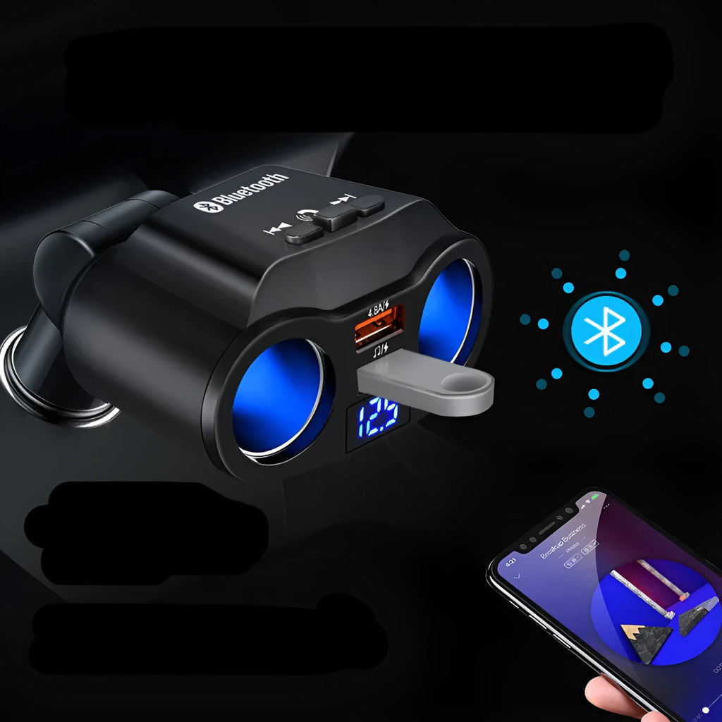 A black car Bluetooth FM transmitter plugged into a vehicle's cigarette lighter socket.