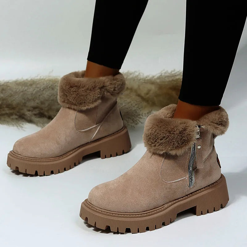 Women's black faux suede snow boots with high top, square heel, and side zipper closure