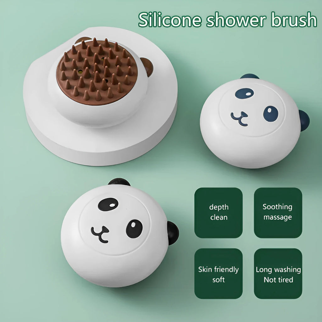 Panda-shaped silicone pet bath brush with soft bristles for cleaning cats and dogs.