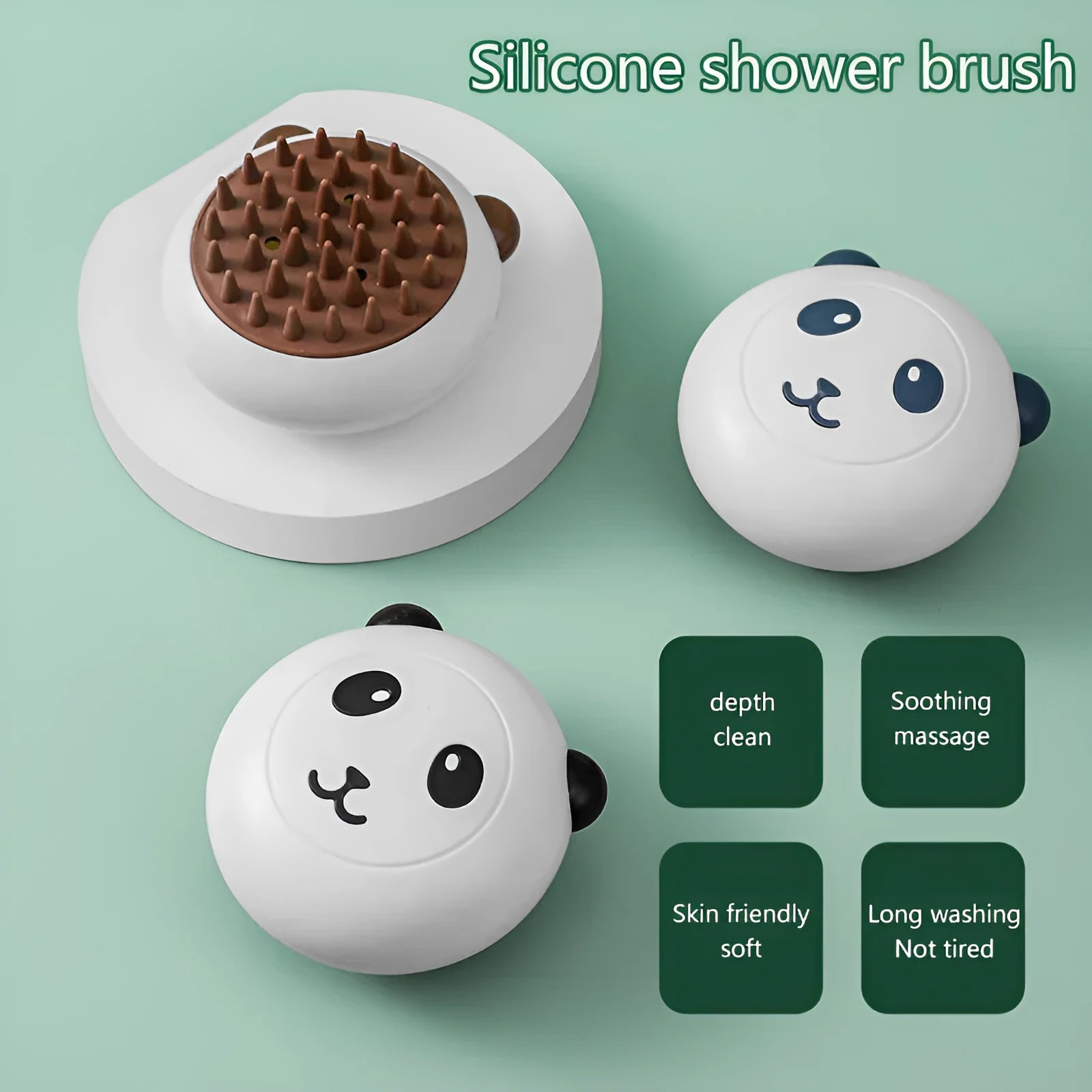 Panda-shaped silicone pet bath brush with soft bristles for cleaning cats and dogs.