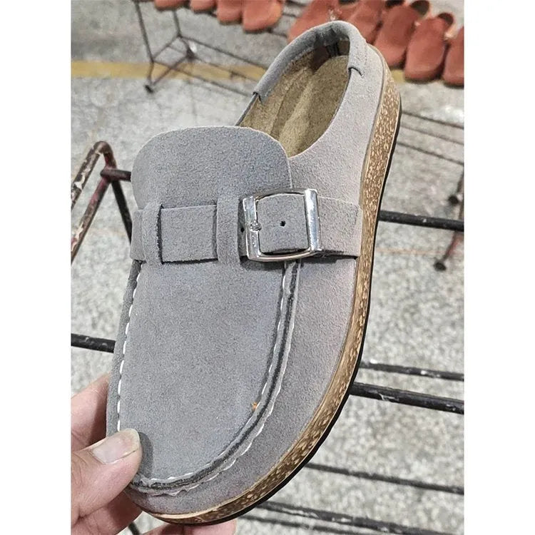 Frosted suede round head flat slippers with belt buckle detail, foam sole, in apricot colour