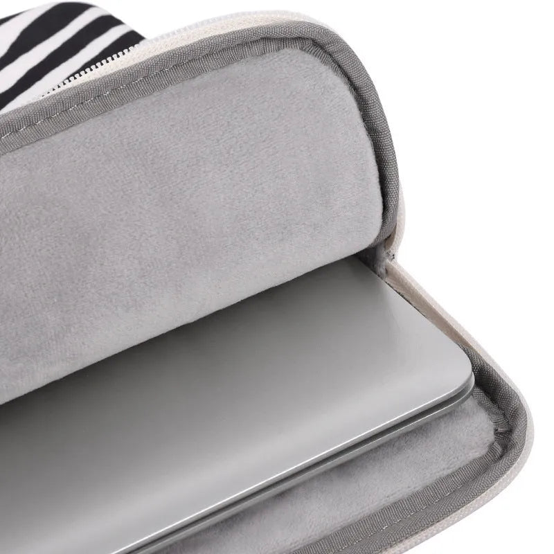 Zebra pattern polyester laptop protective sleeve in black and white, digital notebook cover