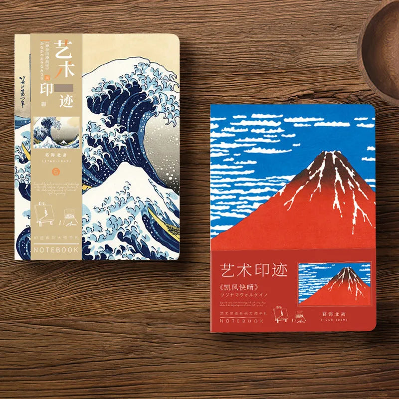 Ukiyo-e art ledger notebook with Kanagawa wave cover design showing dimensions and Daolin paper pages