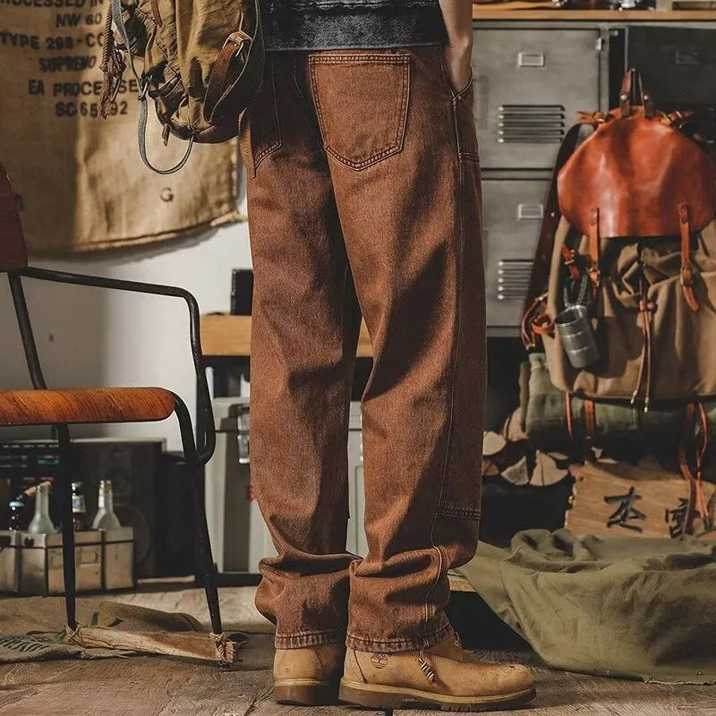 Loose straight men's pants in brown with zip placket and mid waist
