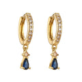 Women's geometric copper earrings with micro-inlaid colourful crystals in water drop shape, gold-plated finish