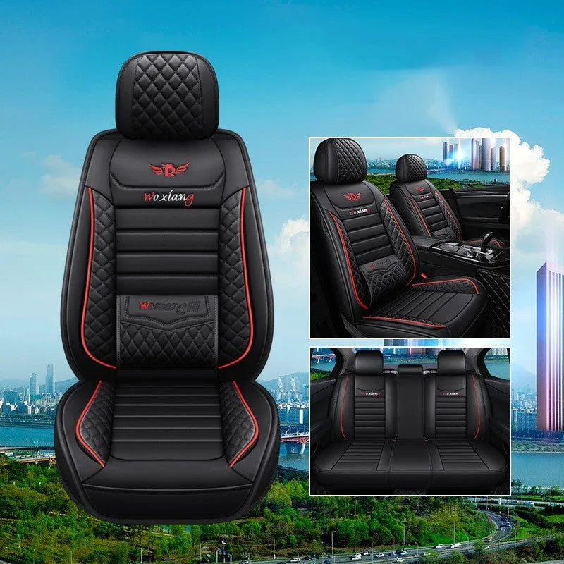 Red leather universal car seat cushion with high elastic sponge filling shown on a car seat.