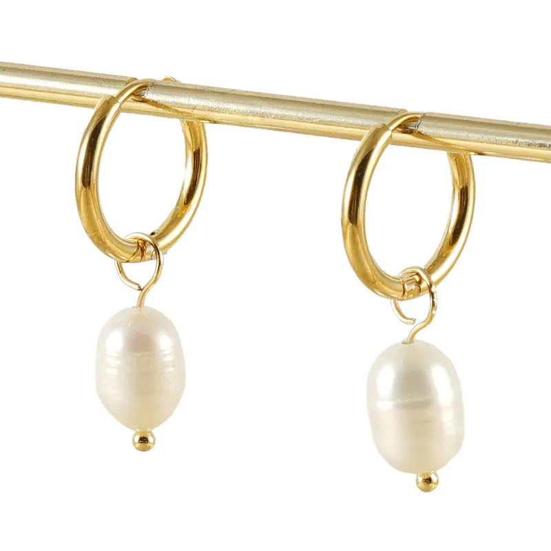Gold geometric pearl earrings with stainless steel and titanium steel construction